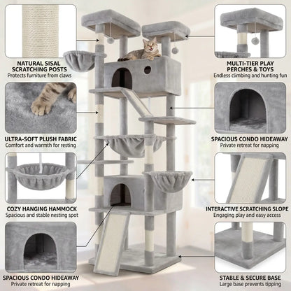 HOOMIC 81In Large Cat Tree Tower, Multi-Level Climbing House with Condo, Hammock & Scratching Post, Wide Base for Big Felines, Grey/Beige/Dark Blue/Pink/Leopard Print/Black Dots#Summervibes