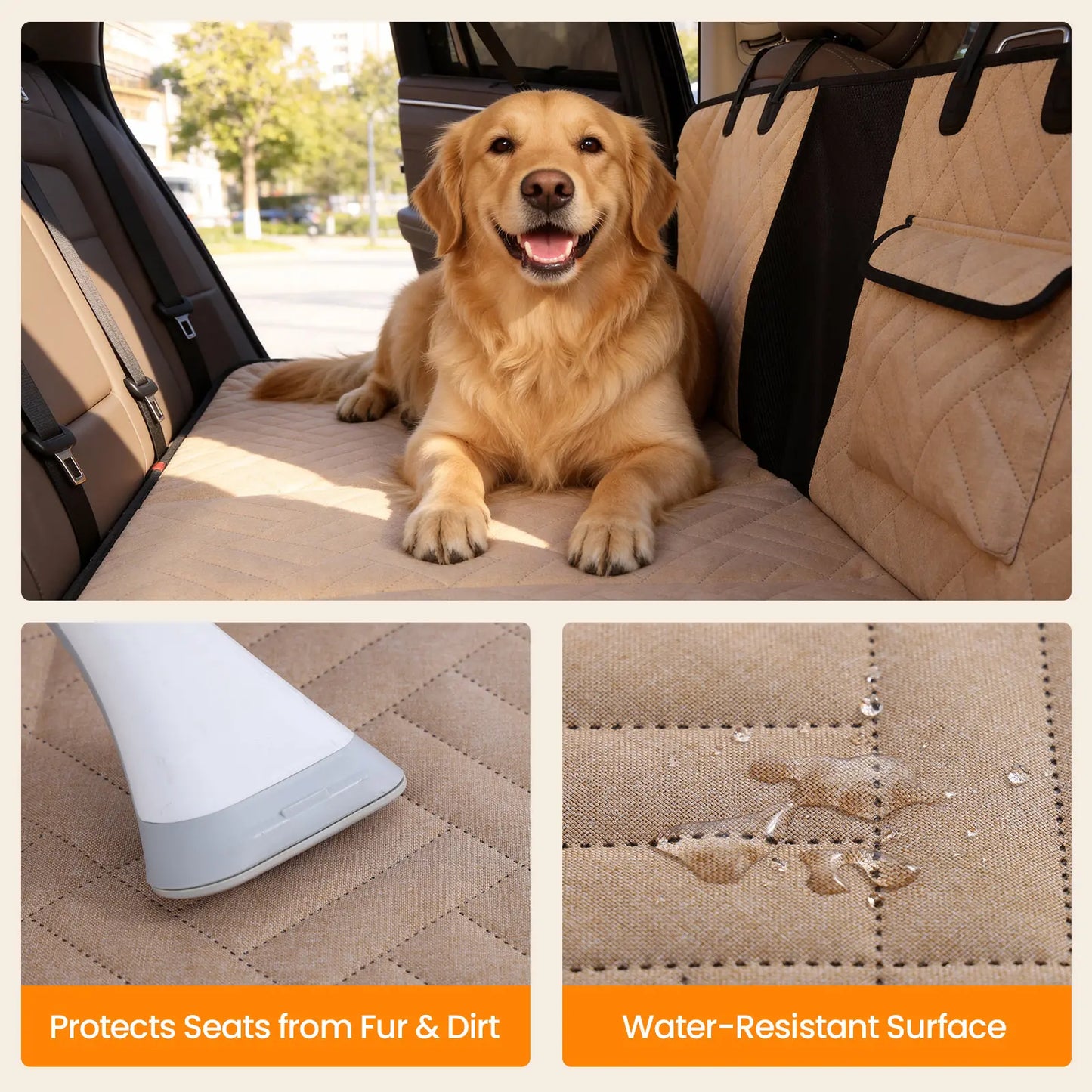 VALUXE Dog Car Seat Cover for Large Dogs, Full-Cover Waterproof Back Seat Protector, Foldable, Beige/Black Summer vibes Pet lovers Outdoor fun