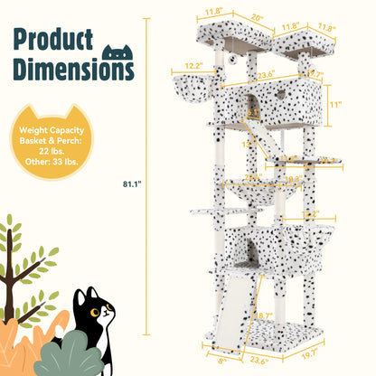 HOOMIC 81In Large Cat Tree Tower, Multi-Level Climbing House with Condo, Hammock & Scratching Post, Wide Base for Big Felines, Grey/Beige/Dark Blue/Pink/Leopard Print/Black Dots#Summervibes