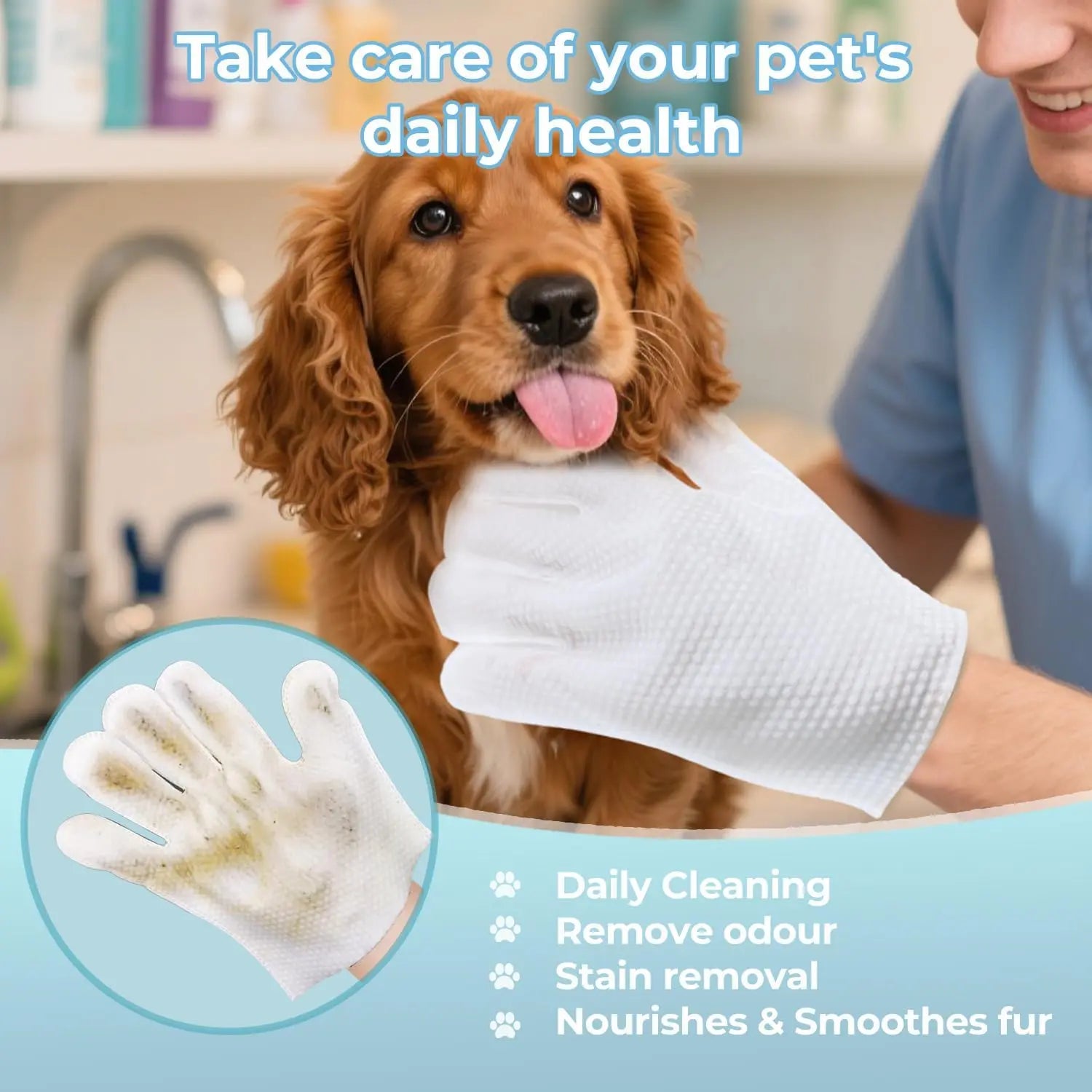 Pet Gloves and Wipes for Dogs and Cats - Dog Washing Gloves,Cat Bathing Wipes,Moisturizing and Thickening,Cleaning and Deodorizing, Hypoallergenic, No Need to Rinse, Suitable for Grooming and Travel（6 PCS)